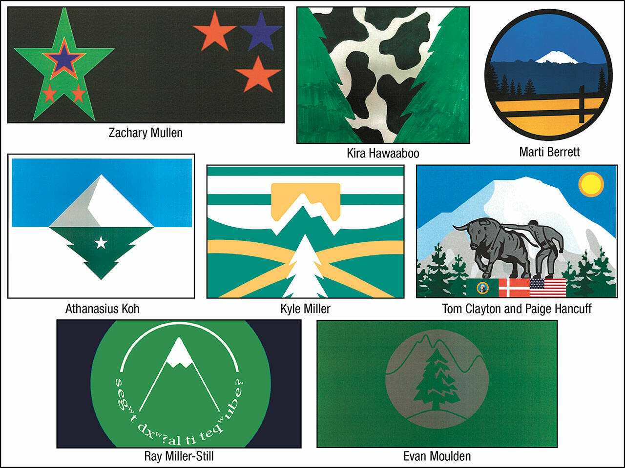 One of these eight designs could become Enumclaw’s first municipal flag; the city council will discuss the designs, and possibly adopt one, during the Jan. 24 meeting.