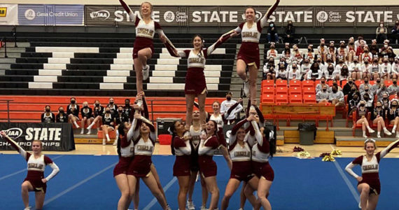 EHS cheer nailed their tumble routine during state, scoring 88.5 points and earning first place. Photo courtesy Tanja Bill