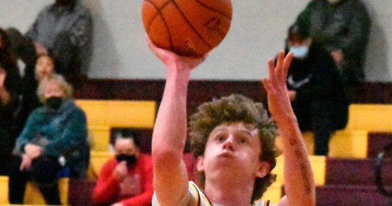 White River High senior Dane Goudy exploded for 44 points during a Feb. 8 game at Steilacoom, helping his Hornets remain undefeated in South Puget Sound League 2A play. According to White River coach Zach Johnson, Goudy's offensive outburst now tops the Hornet boys' basketball record book for single-game scoring. Photo by Kevin Hanson