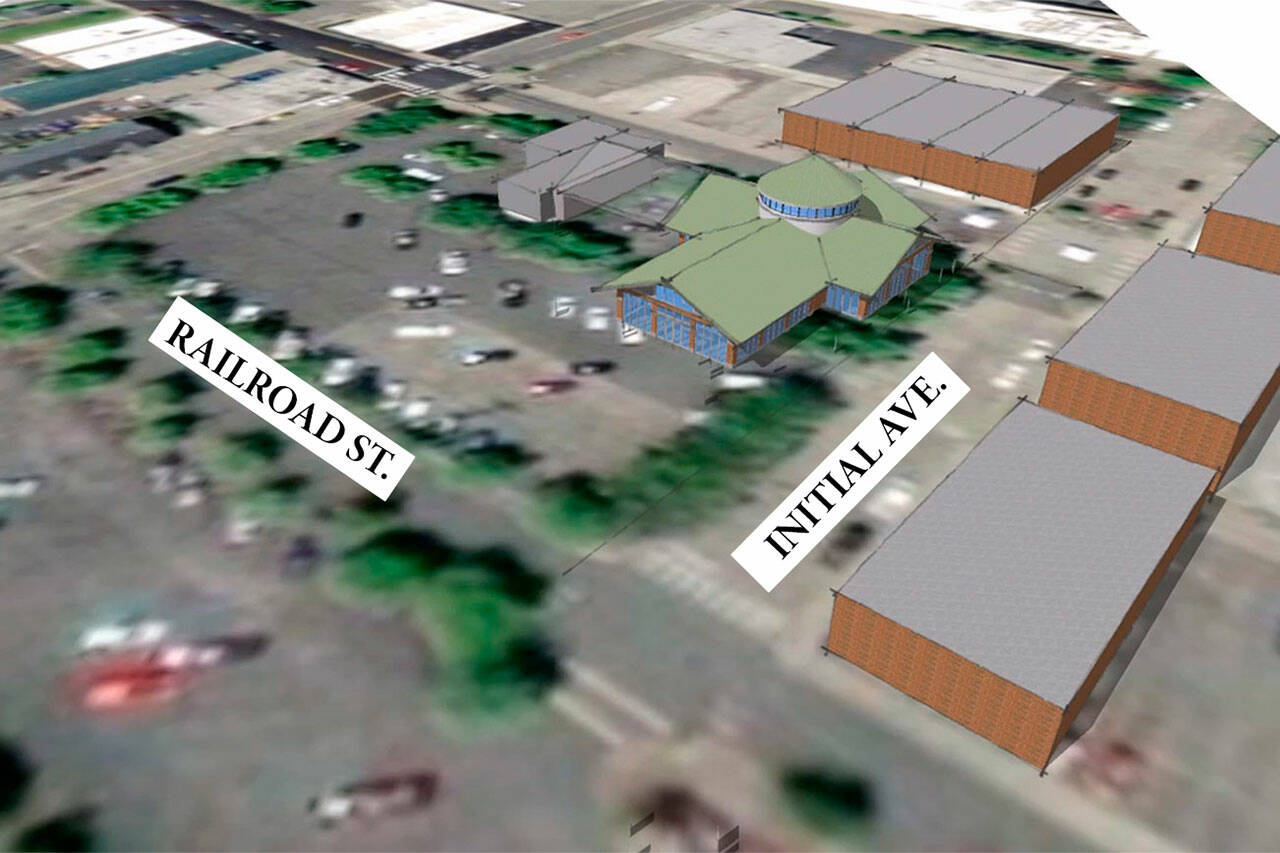 The proposed Enumclaw downtown pavilion is currently planned for the corner of Cole Street and Initial Avenue, where the Foal statue and large evergreen tree currently reside. Image courtesy Jeff Dahlquist and Richard Flake/editing by Ray Miller-Still