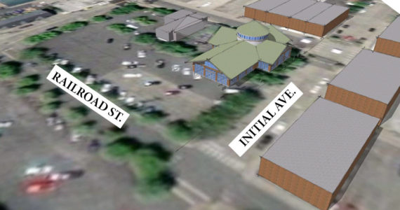 The proposed Enumclaw downtown pavilion is currently planned for the corner of Cole Street and Initial Avenue, where the Foal statue and large evergreen tree currently reside. Image courtesy Jeff Dahlquist and Richard Flake/editing by Ray Miller-Still