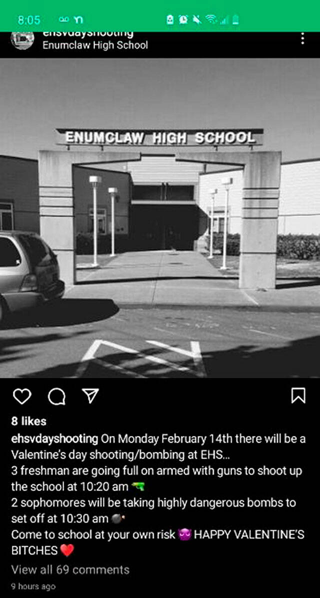 A screenshot of the Feb. 13 threat made against Enumclaw High School. The account is still active, and the post hasn’t been removed; the Courier-Herald has been unable to contact Instagram or its parent company, Meta, for comment.