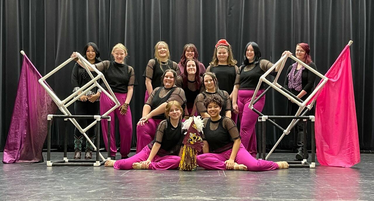 Members of Enumclaw High School’s color guard team this year include: (back row) assistant coach Sage Beinke, Emma Riche, Isabelle Riche, Cheryl Richenburg, Reese Hooton, Addisyn Akeson and assistant coach Cassie Grove; (middle row) Sophia Delducco, Nicole Ross, and Leah Lidke; and (front row) Olivia Marity and Adele Razor. Courtesy photo