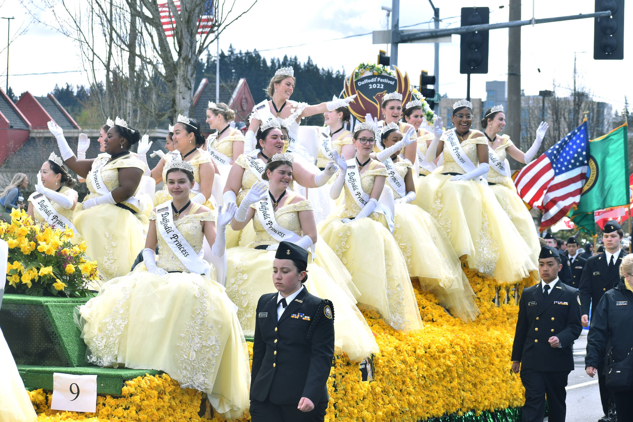The Daffodil Festival Princesses parade down South Meridian in Puyallup. Photo by Alex Bruell