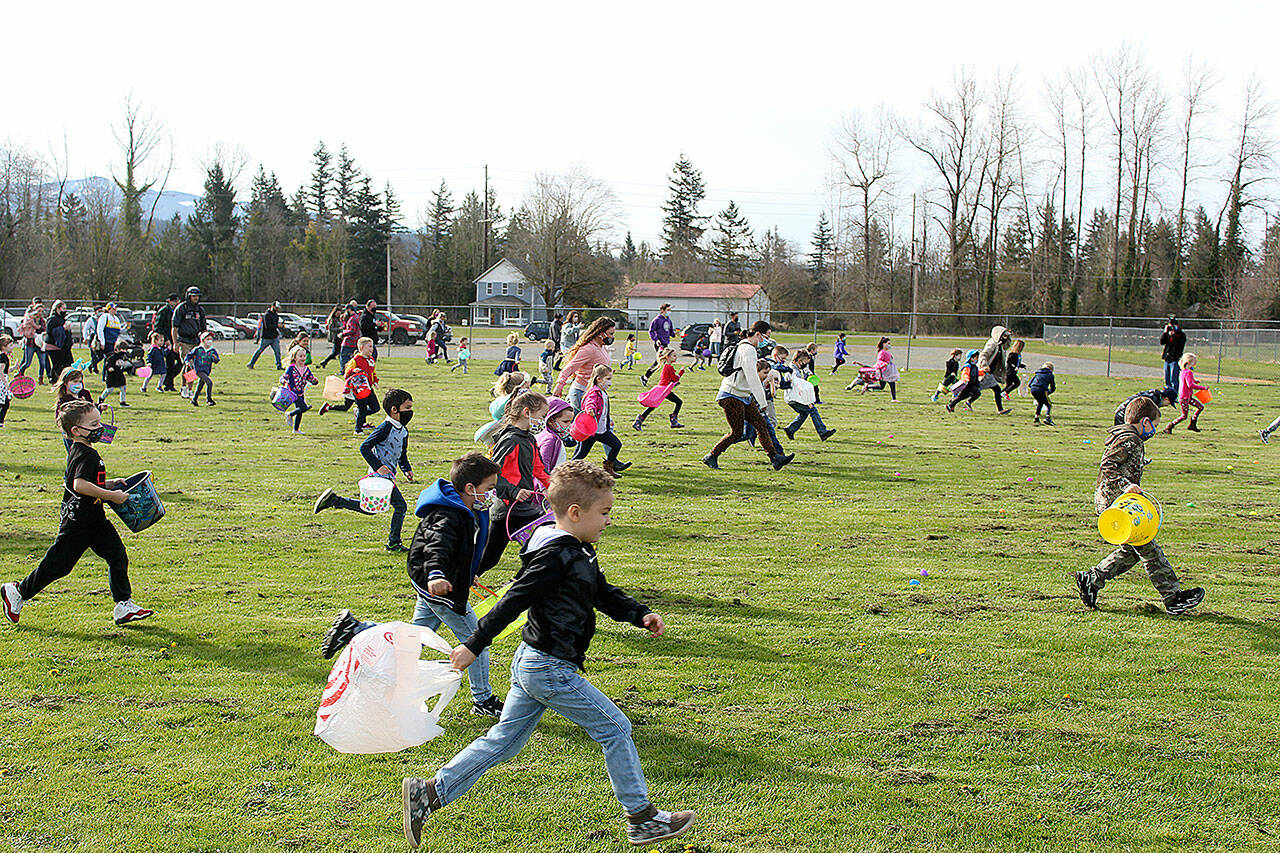 Enumclaw’s 2021 egg hunt was a huge success, as hundreds of kids swarmed the Boise Creek 6 Plex to gather as many eggs as possible. Photo by Ray Miller-Still