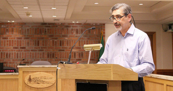 Enumclaw Mayor Jan Molinaro giving his State of Enumclaw speech at City Hall on Thursday, April 7. The speech can be watched online at cityofenumclaw.net. Photo by Ray Miller-Still
