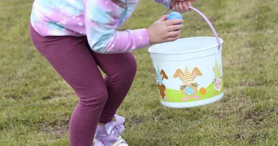 Felicity, 4, makes a dash for eggs at the city of Enumclaw’s egg hunt at the Boise Creek 6 Plex. Photo by Ray Miller-Still