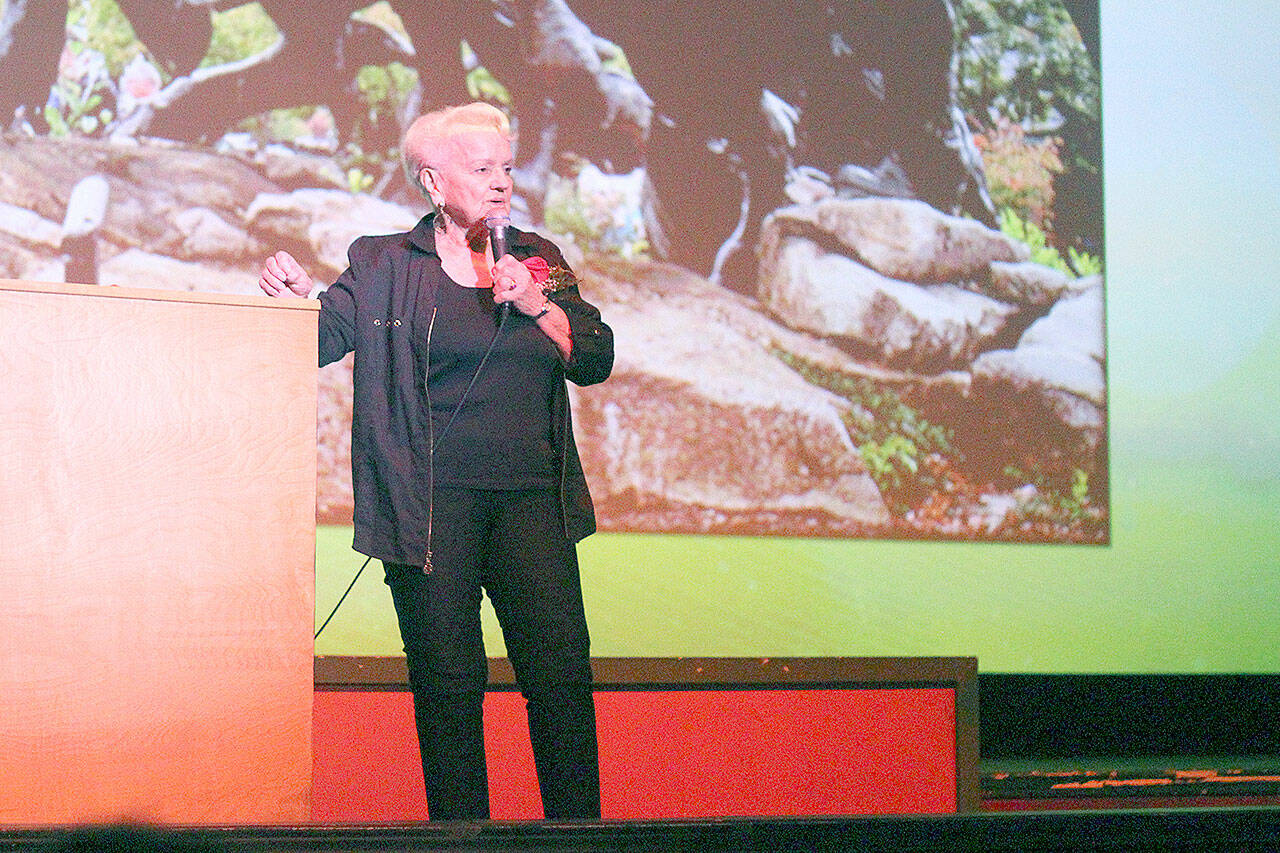 Dorothy Sleigh, the Enumclaw Chamber of Commerce’s first female member and, eventually, board president, recalled her first-ever board meeting in the late 1960s during the Chamber’s 120th anniversary at the Chalet Theatre. You can watch her speech, and most of the presentation, at <a href="https://fb.watch/cCMO2asnsh/" target="_blank">fb.watch/cCMO2asnsh/</a>, or at the end of this article. Photo by Ray Miller-Still
