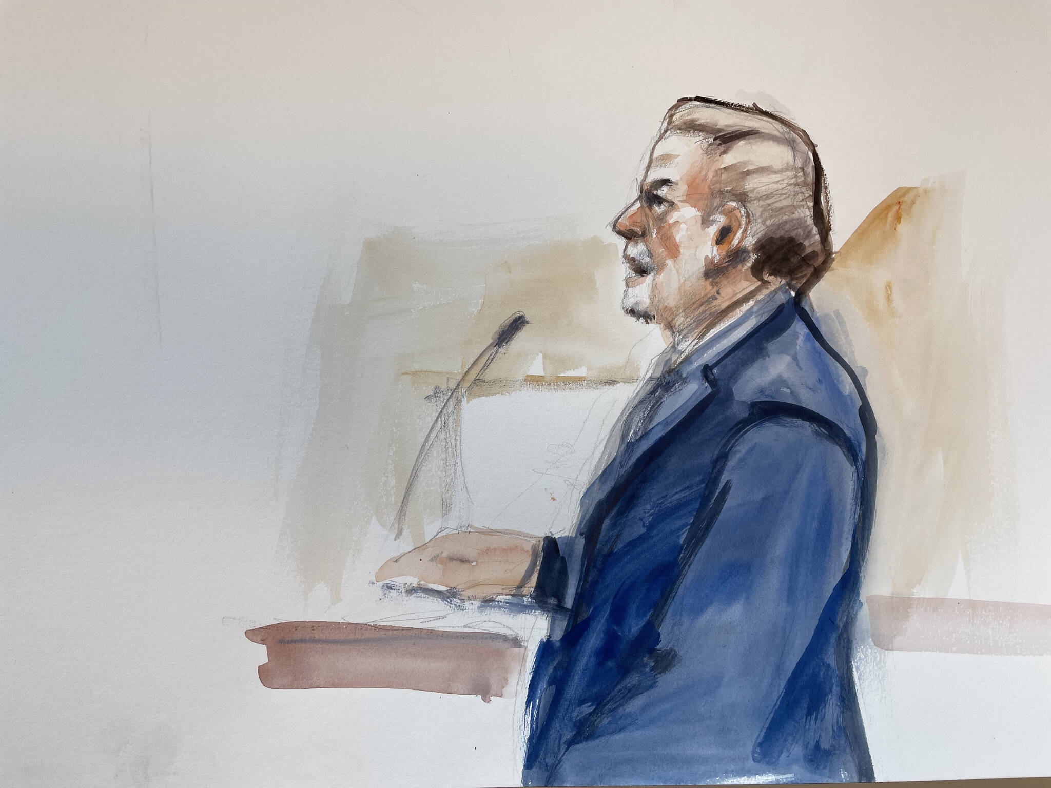Attorney John Henry Browne represents Allan Thomas in the drainage district trial. Sketch by Seattle-based artist Lois Silver.