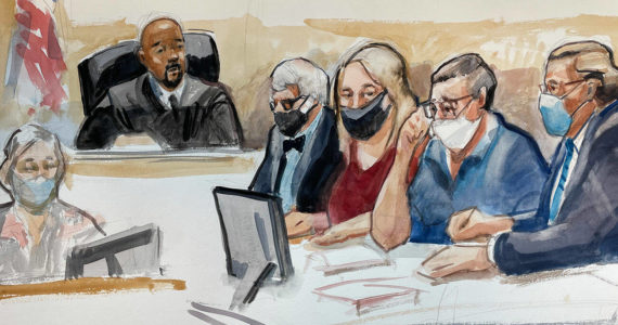 Joann and Allan Thomas are flanked in court by their attorneys Terrence Kellogg (fourth from the right) and John Henry Browne (far right) on May 10, 2022. Judge Richard Jones is presiding over the case. Sketch by Seattle-based artist Lois Silver