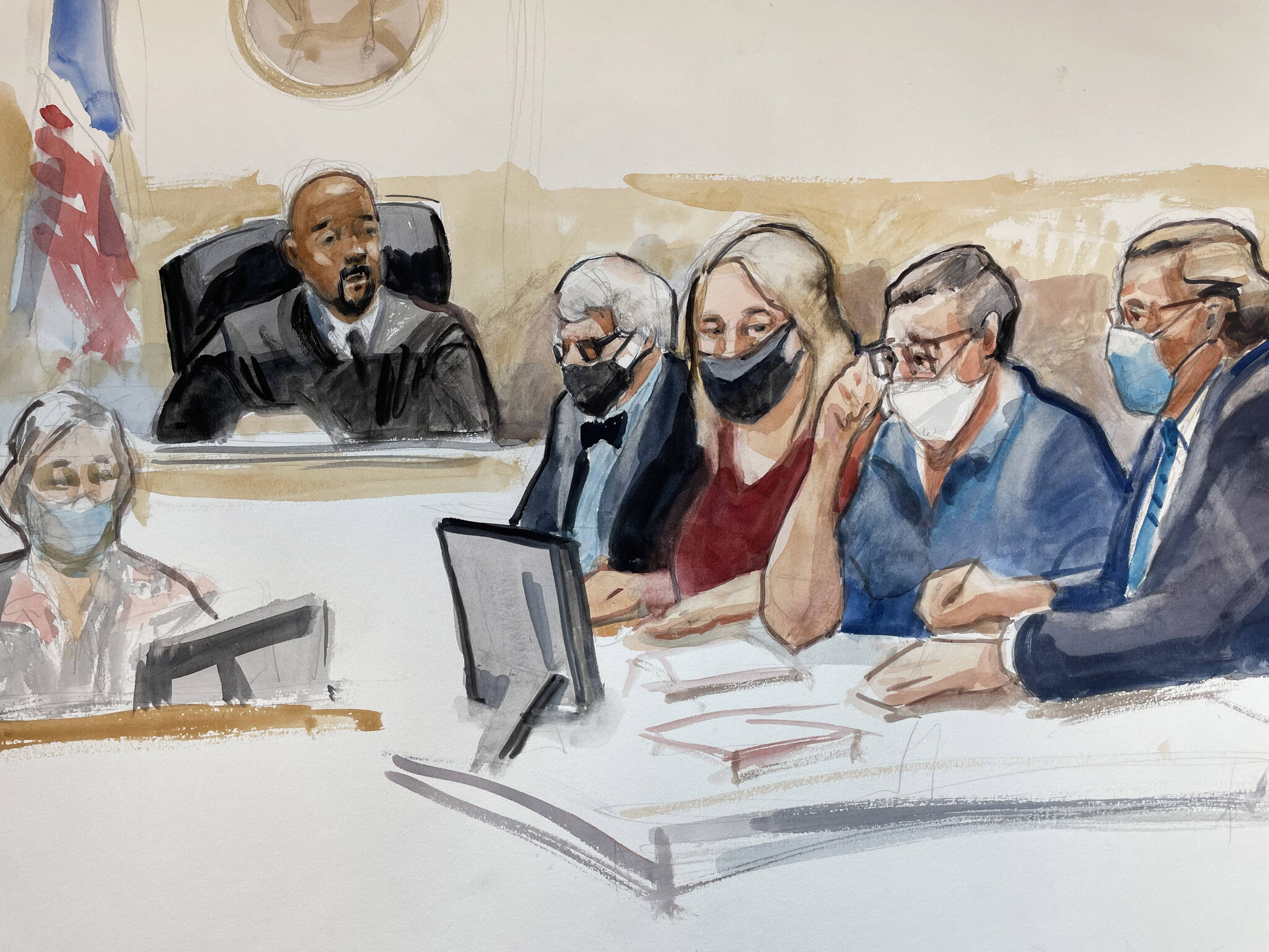 Joann and Allan Thomas are flanked in court by their attorneys Terrence Kellogg (fourth from the right) and John Henry Browne (far right) on May 10, 2022. Judge Richard Jones is presiding over the case. Sketch by Seattle-based artist Lois Silver