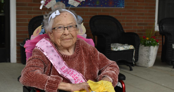 Elma Gust turned 106 on May 26, celebrating her birthday at Enumclaw’s Living Court assisted living community where she’s lived since 2017. Photo by Alex Bruell