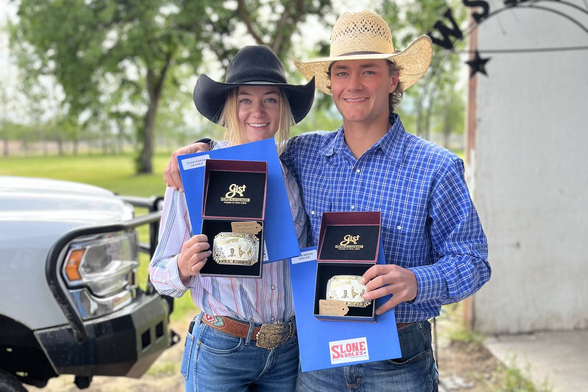 Josie and Ty Jacobs, Buckley residents, are state rodeo champions in Team Roping. Next, they’ll be competing on a worldwide stage. Photo courtesy Josh Jacobs.