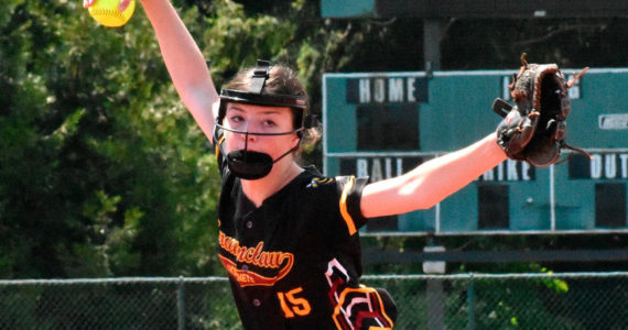 Enumclaw High junior Emilie Crimmins was named the league's Pitcher of the Year. In this photo, she delivers during the Class 2A state tournament. Photo by Kevin Hanson