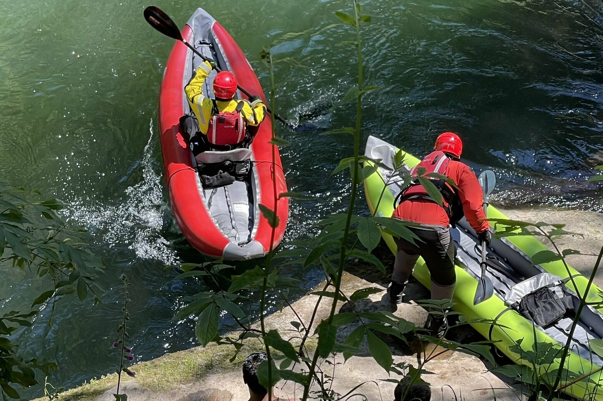 Firefighters from Valley Regional Fire Authority use kayaks to search the Green River on Saturday afternoon for a missing swimmer. The search was unfortunately unsuccessful. Photo from Puget Sound Fire via Twitter.
