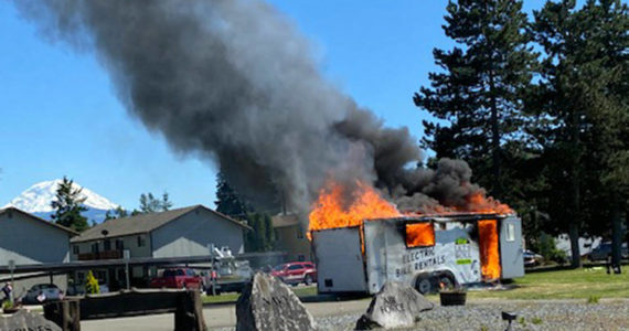 Photo courtesy Bob Duchaine 
The Let’s Roll Buckley trailer burned June 26 after a battery caught fire.