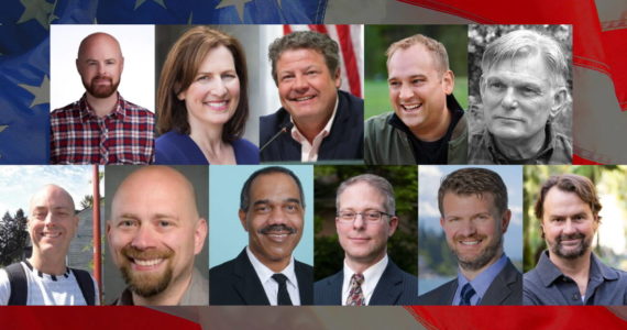 From left to right, starting from the top row then moving to the bottom: Emet Ward, Kim Schrier, Reagan Dunn, Matt Larkin, Dave Chapman, Ryan Dean Burkett, Justin Greywolf, Keith Arnold, Patrick Dillon, Jesse Jensen and Scott Stephenson are all candidates for U.S. Representative for Washington’s 8th Congressional District this year. Photos submitted by candidates or taken from their campaign websites or other materials.