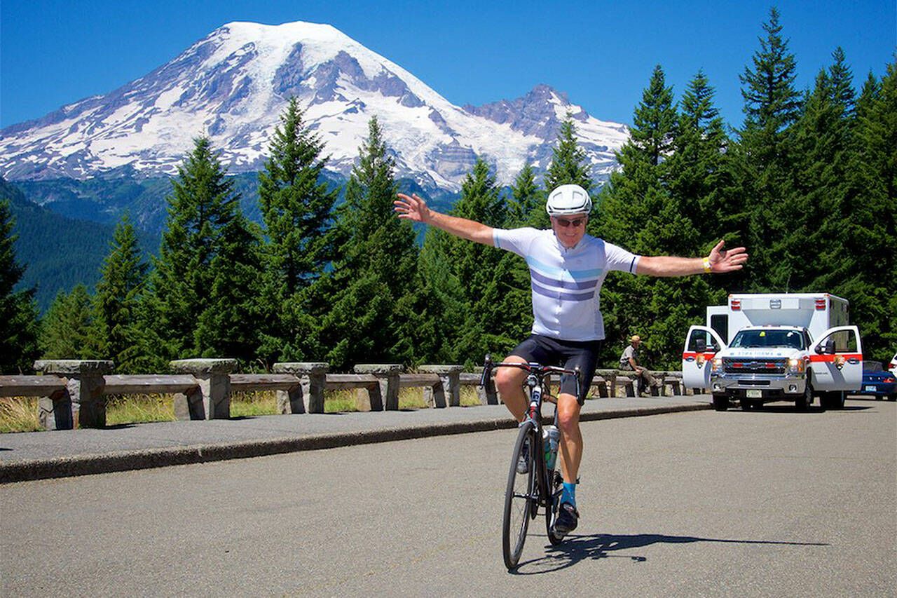Cyclists as young as 15 and as old as 84, from locals to visitors from as far as the U.K., participate in the Ride Around Mount Rainier in One Day (RAMROD), event every year. Photo by Bill Pence