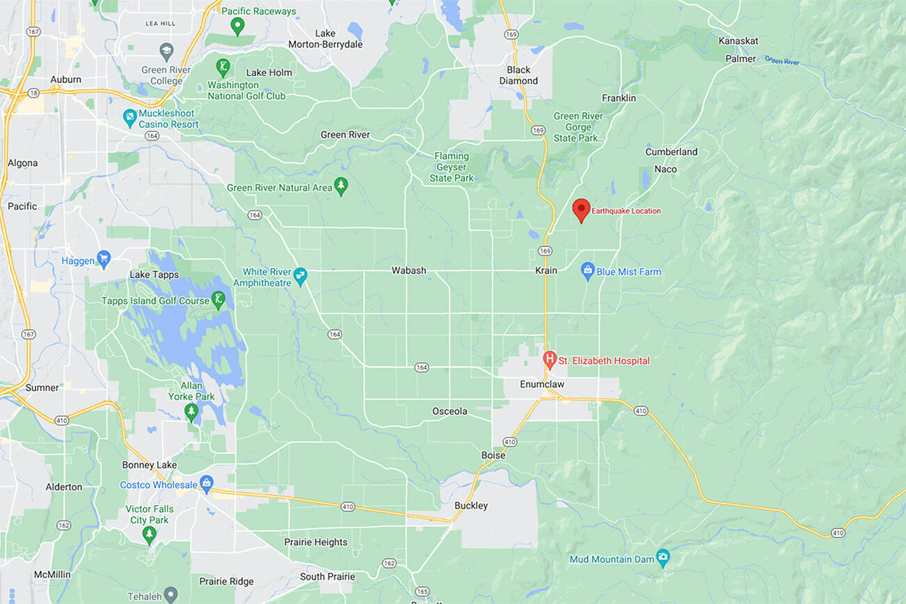 This map, created via Google, shows the location of the earthquake this morning near Enumclaw and Black Diamond.