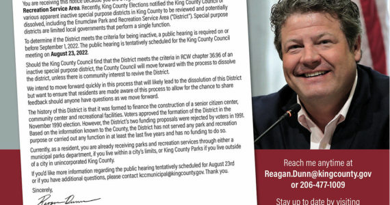 King County Council member recently mailed out a notice of the possible dissolution of the Enumclaw Park and Recreation Service Area special tax district to local residents. Image courtesy Reagan Dunn's office