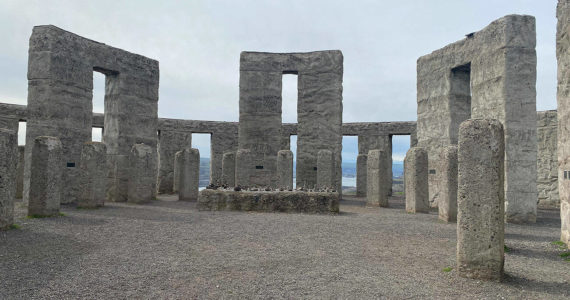 The state-run Maryhill Campground sits on a broad expanse of land with the Columbia River on one side and Oregon in the distance. Also shown here is the full-size Stonehenge replica, just a short uphill drive from the campground. Photo by Kevin Hanson
