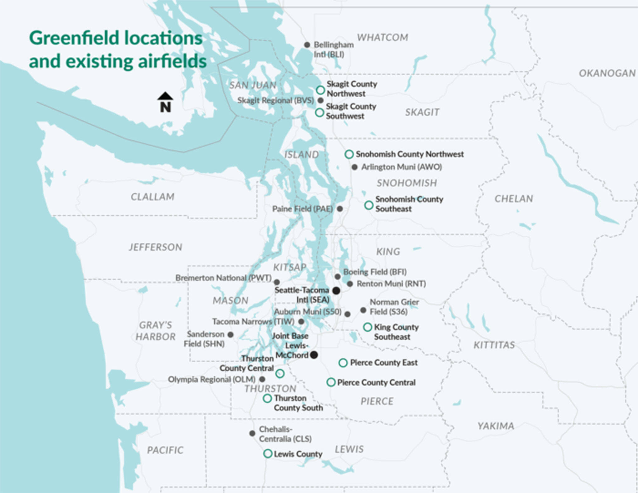 This map, shared by the Washington State Department of Transportation, shows the locations of ten greenfields and several existing airports in the running as legislators, locals and the FAA mull the location of Washington’s next major airport.