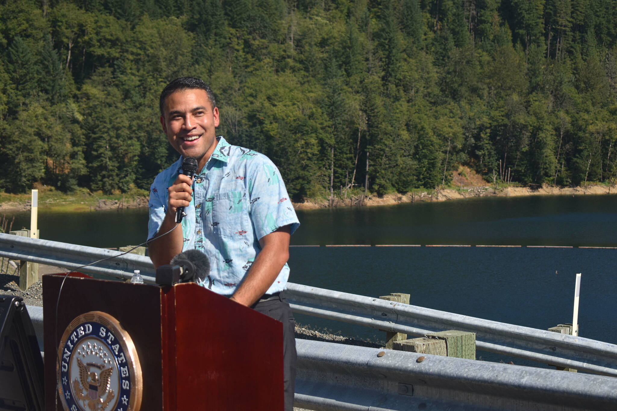 Muckleshoot Tribal Council Chairperson Jaison Elkins speaks during a ceremony celebrating fish passage efforts at Howard Hanson Dam near Ravensdale, Washington on Aug. 30, 2022. Photo by Alex Bruell.