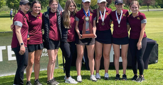 Photo courtesy White River High School
Repeating last year’s success could be an uphill battle, with many veteran golf players having graduated. Pictured is Coach Anna Rose, Alle Kelmkow, Sophie Ross, Abby Rose, state champion Brooke Gelinas (graduated), Brooke Mahler (graduated), Lexie Mahler, and Emily Moser after last year’s state tournament.