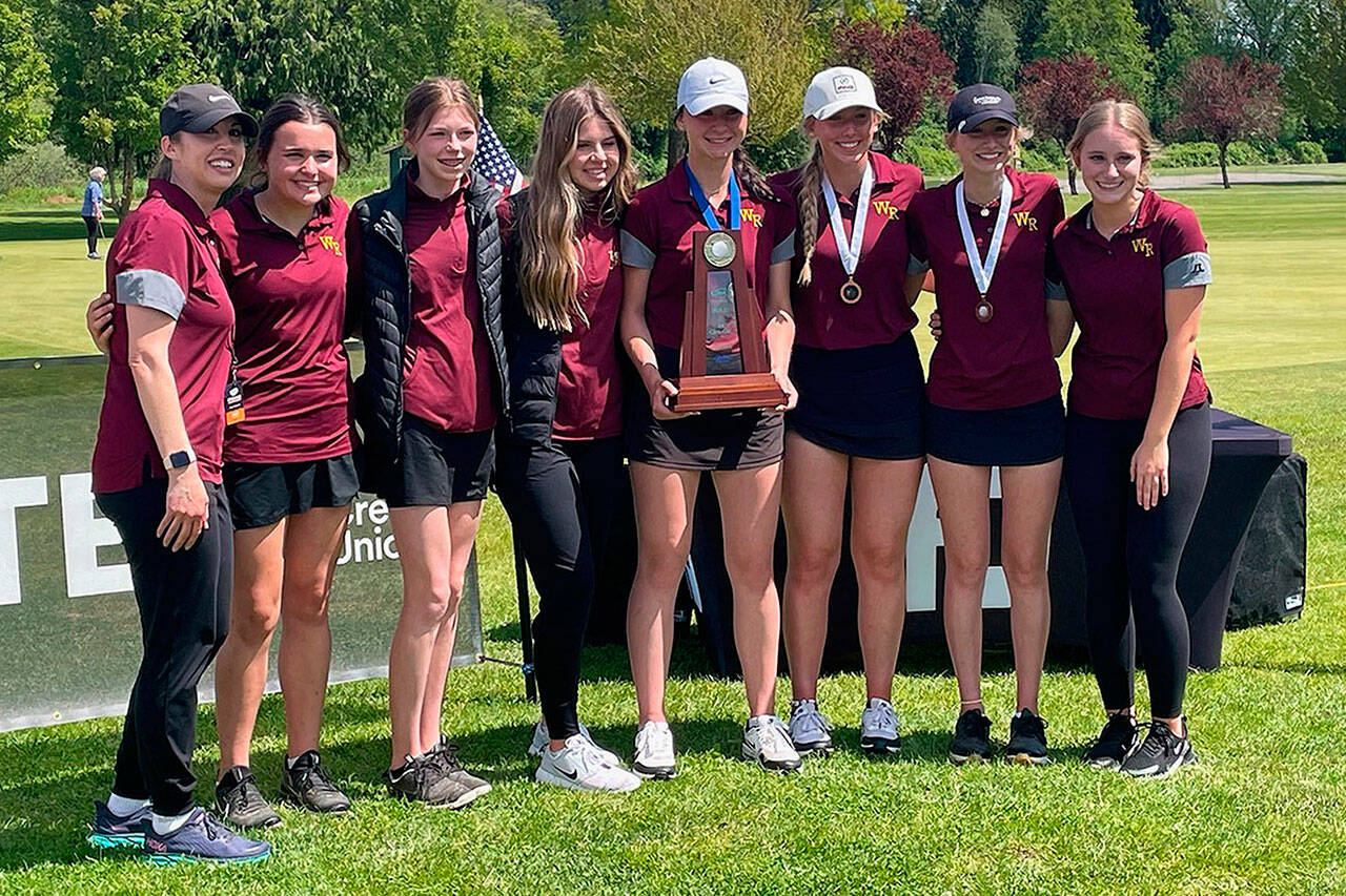 Repeating last year’s success could be an uphill battle, with many veteran golf players having graduated. Pictured is Coach Anna Rose, Alle Kelmkow, Sophie Ross, Abby Rose, state champion Brooke Gelinas (graduated), Brooke Mahler (graduated), Lexie Mahler, and Emily Moser after last year’s state tournament. Photo courtesy White River High School