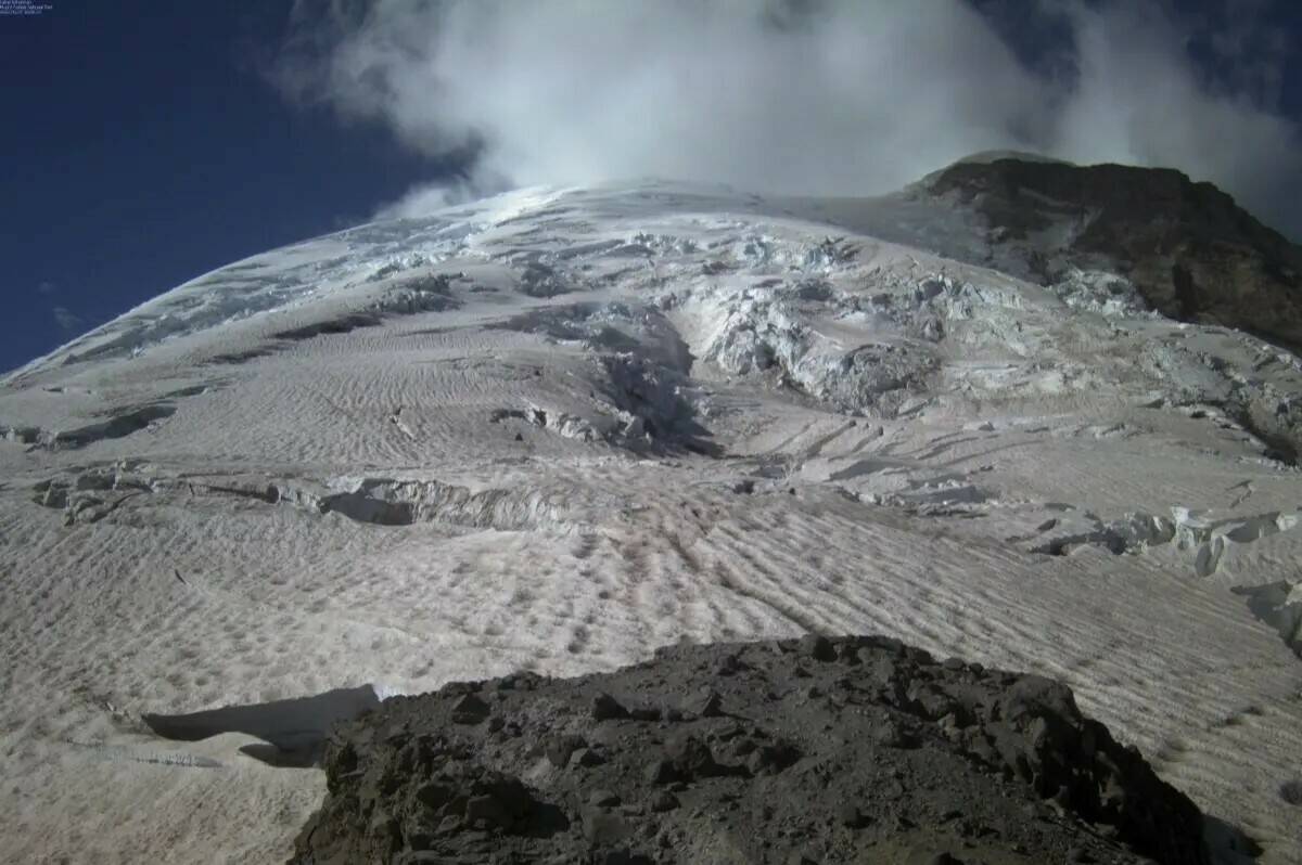 A webcamera on Mt. Rainier from Camp Shurman captured an image of a cloud passing the east side of the volcano's summit, which to some looked like Mt. Rainier was venting. Photo courtesy National Park Service