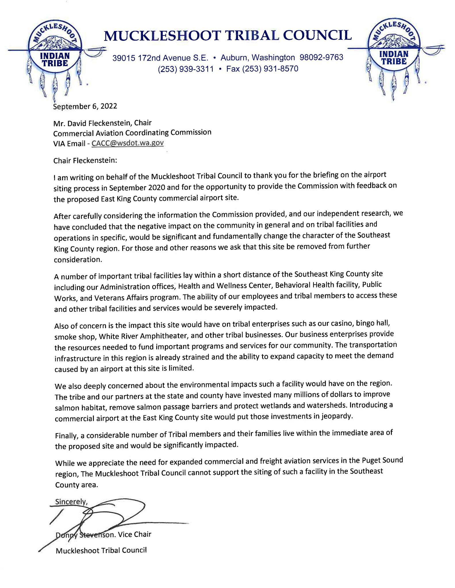 This letter from the Muckleshoot Tribal Council, sent to the Commercial Aviation Coordinating Commission, outlines the council’s perspective on the hypothetical Southeast King County airport.