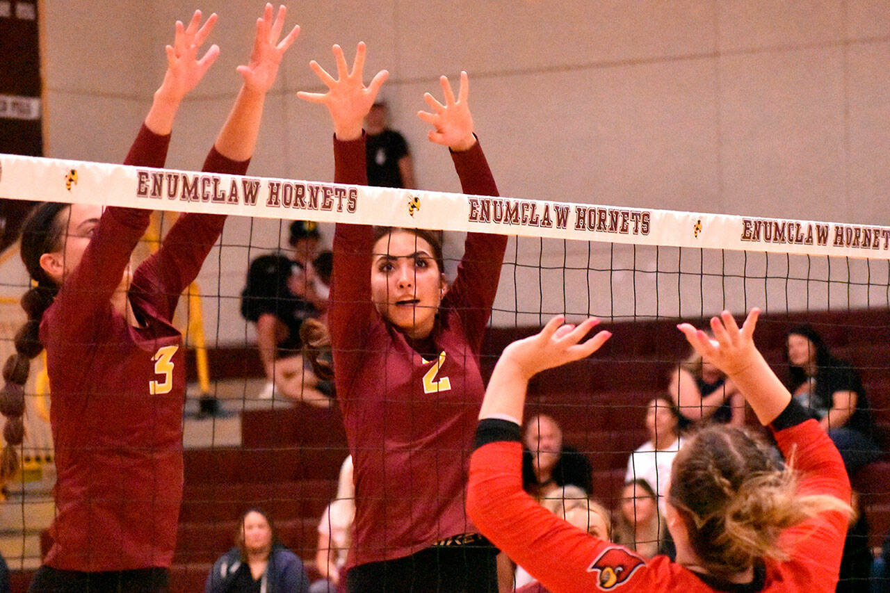 The Enumclaw High volleyball team opened the season September 6 with a hard-fought, home-court victory over the Orting Cardinals. Above, Sam Darby and Ailianna Quaempt are looking for a block; below, winding up for a serve is Lexie DeGroot. Photos by Kevin Hanson