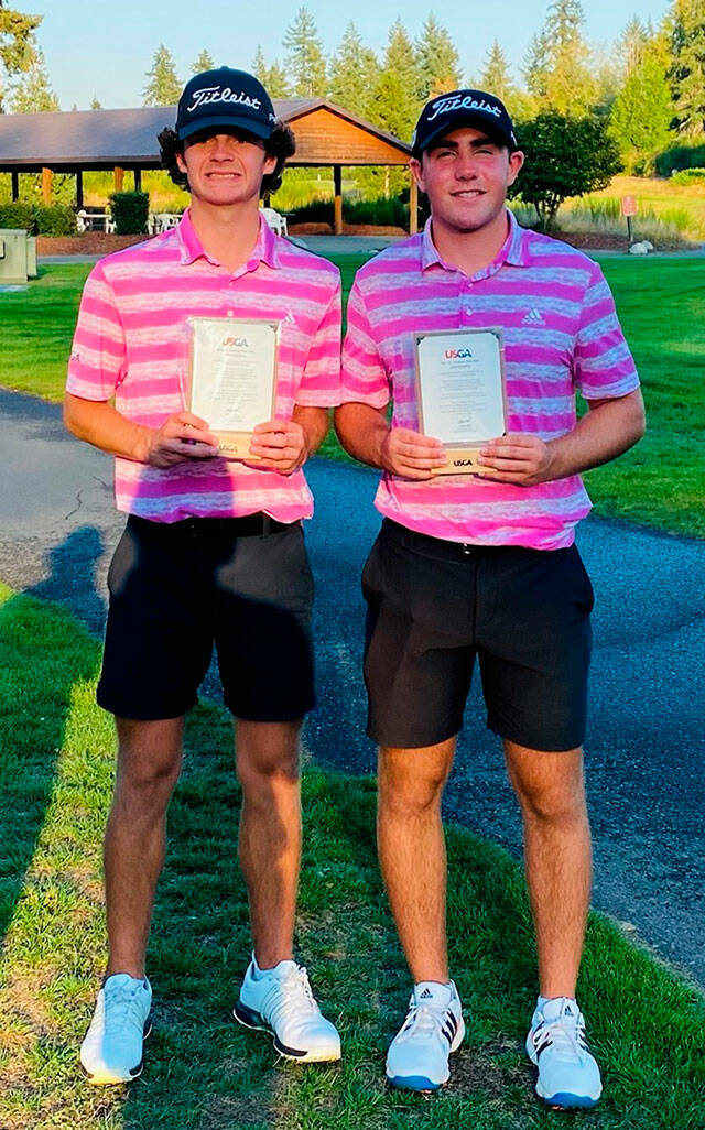 Buckley’s Zach Miller (right) and playing partner Brock Maulding qualified last week for the U.S. Amateur Four-Ball Championship, to be played next spring in South Carolina. Contributed photo