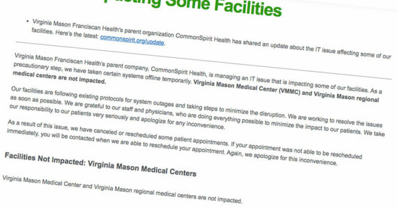 Virginia Mason Franciscan Health’s MyChart, which helps patients manage their appointments, medications, and more, is currently down, thanks to a ransomware attack. Screenshot