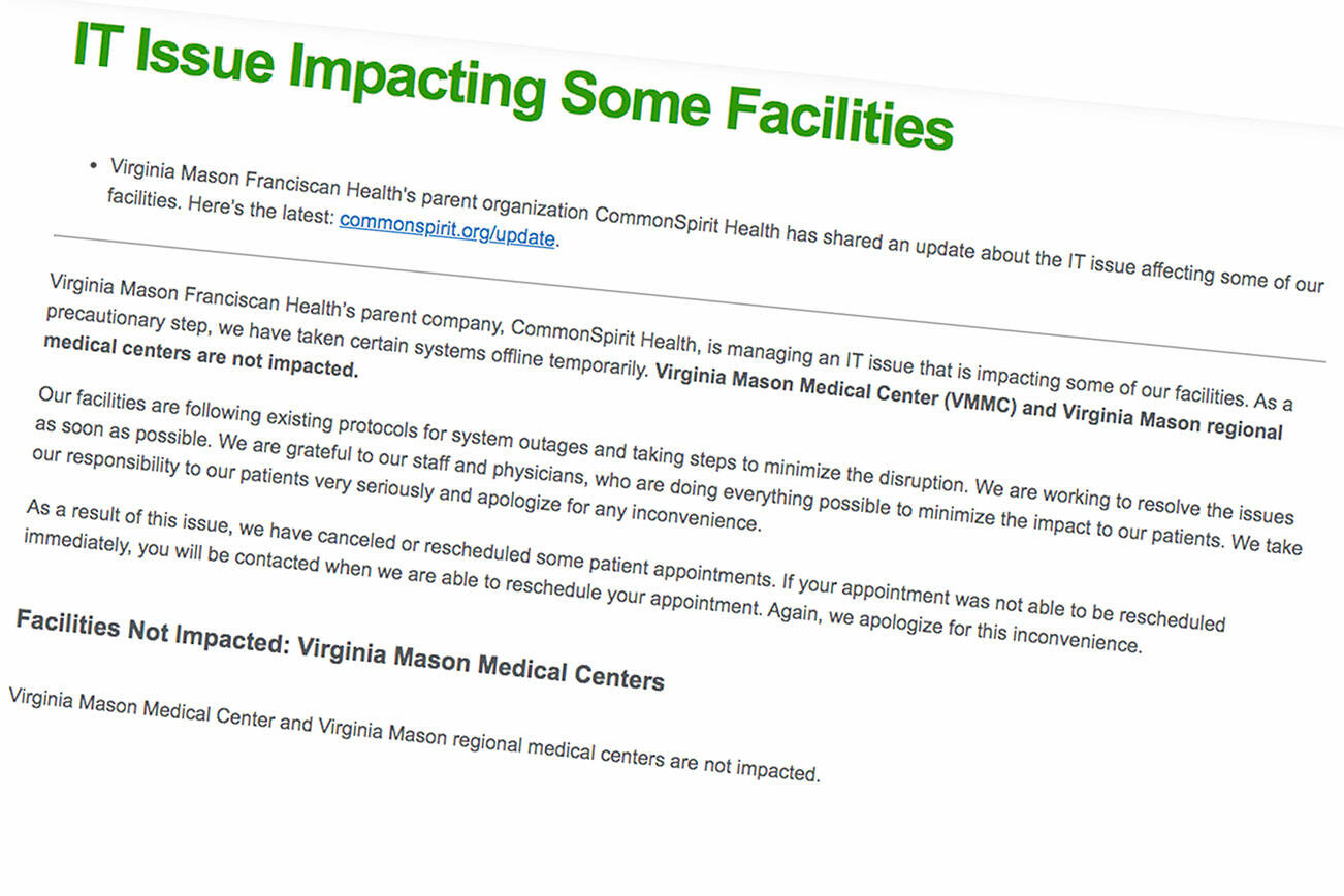 Virginia Mason Franciscan Health’s MyChart, which helps patients manage their appointments, medications, and more, is currently down, thanks to a ransomware attack. Screenshot