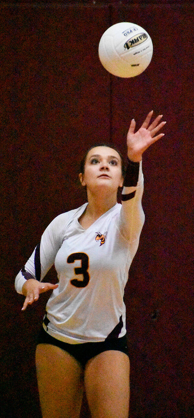 The regular season ends Thursday night for local teams and it’s a big one, as Enumclaw High will invade the White River gym. Both are near the top of the standings and will soon be taking part in postseason play. In this photo from two weeks ago, White River’s Ava Froemke prepares to serve during a Hornet victory. Photo by Kevin Hanson