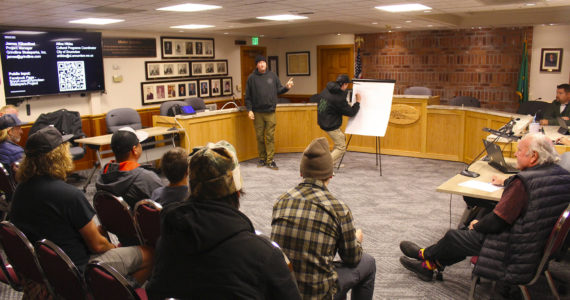 Photo by Ray Miller-Still 
Gridline Skateparks project manger James Klinedinst and design associate Brett Johnson fielded some suggestions from the Enumclaw public about how to design the city’s new skatepark.