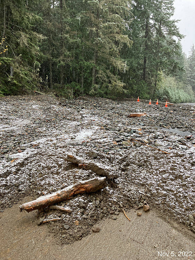 This image from WSDOT on Sunday shows the extent to which debris from a slide reached the roadway on SR 410.