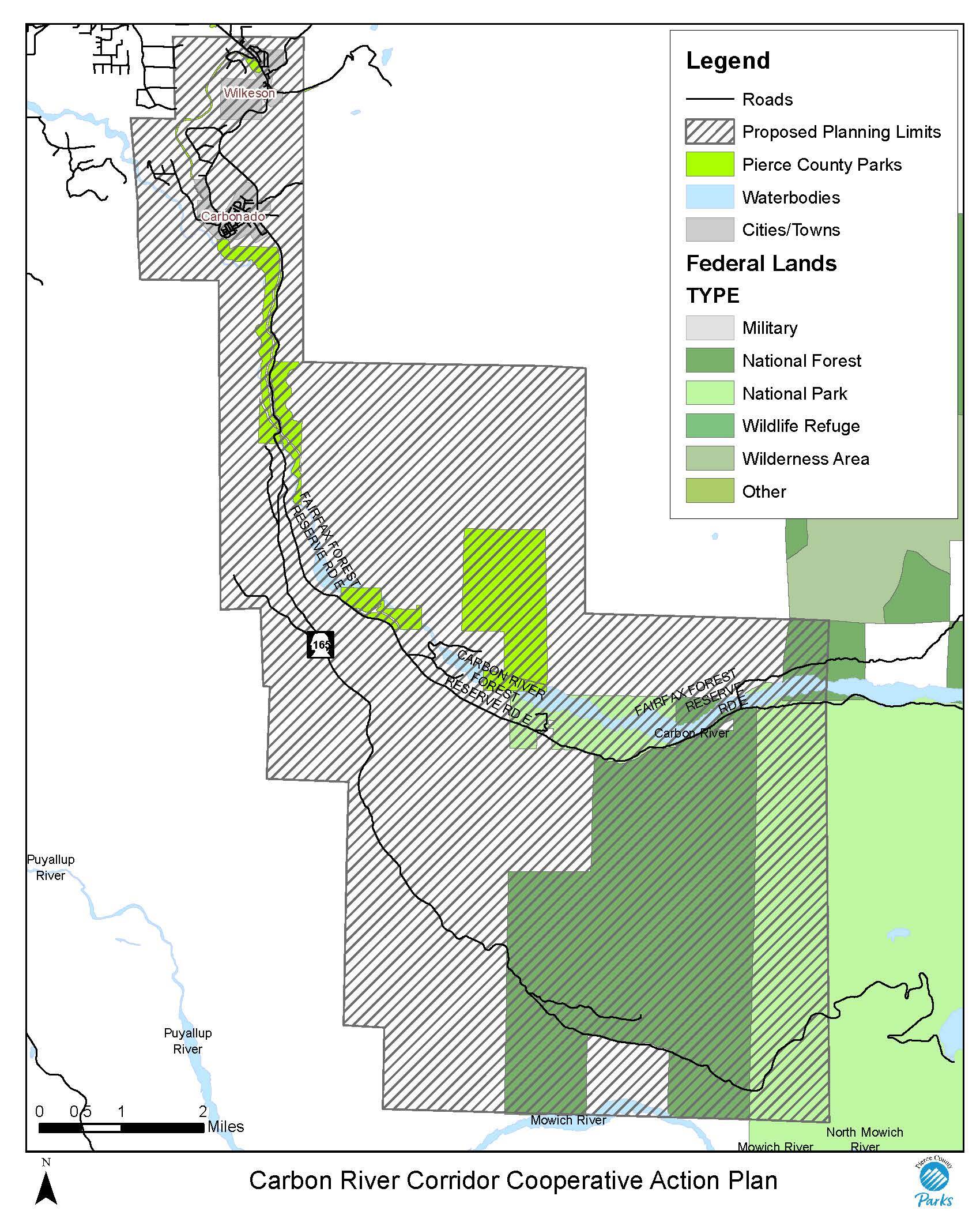 This more detailed diagram, provided by Pierce County, shows the planning area covered by the Carbon River Corridor Cooperative Action Plan. It stretches from the towns of Wilkeson and Carbonado all the way to the Carbon River entrance of the Mount Rainer National Park.