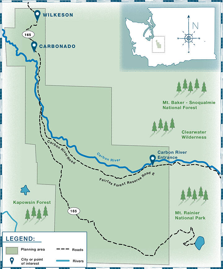 This simplified diagram, provided by Pierce County, shows the planning area covered by the Carbon River Corridor Cooperative Action Plan. It stretches from the towns of Wilkeson and Carbonado all the way to the Carbon River entrance of the Mount Rainer National Park.