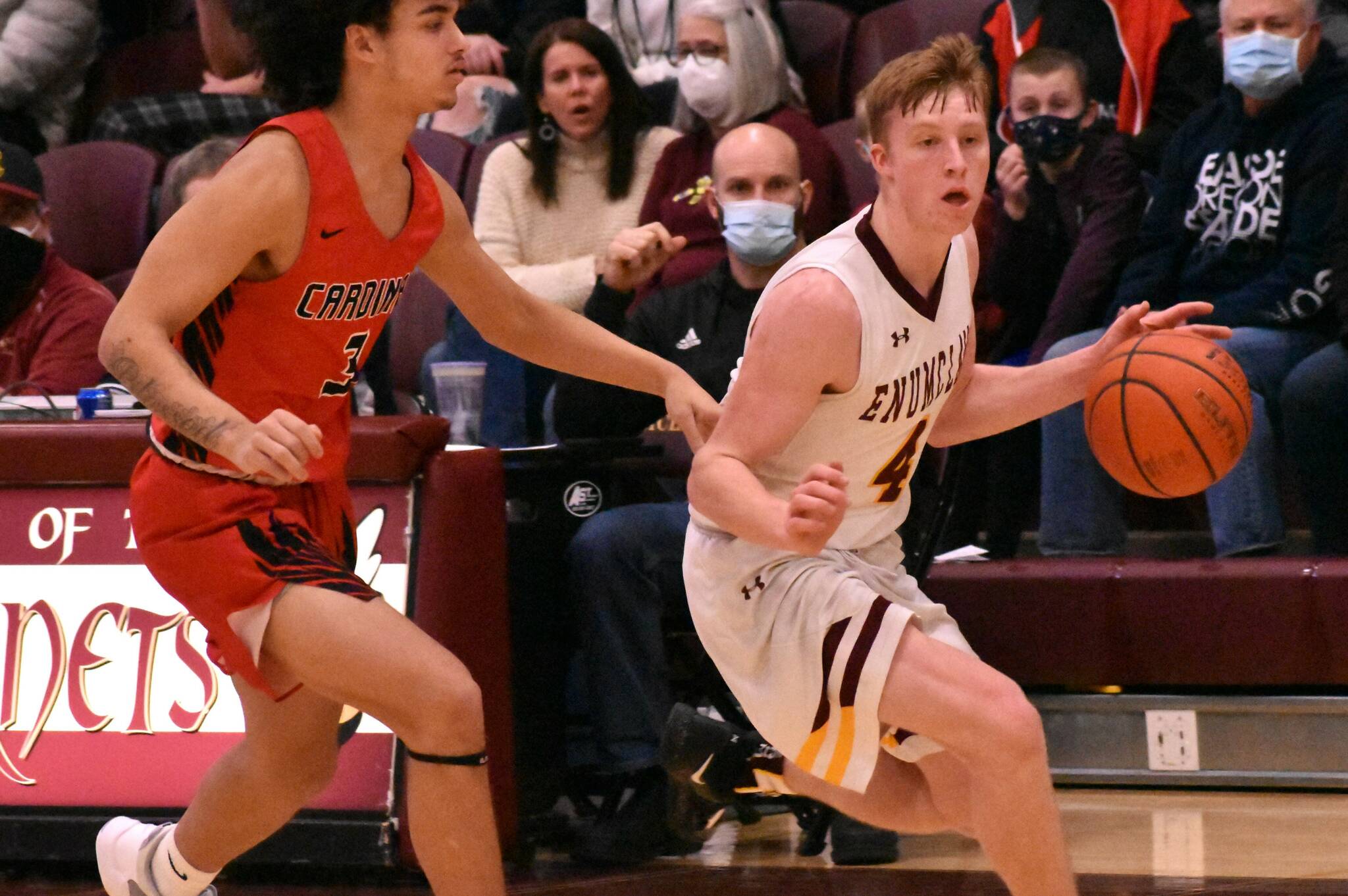 FILE PHOTO BY KEVIN HANSON Enumclaw High’s Noah Seabrands drives to the hoop during a game last season against the Orting Cardinals. Now a senior, Seabrands earned second team, all-league honors a year ago.
