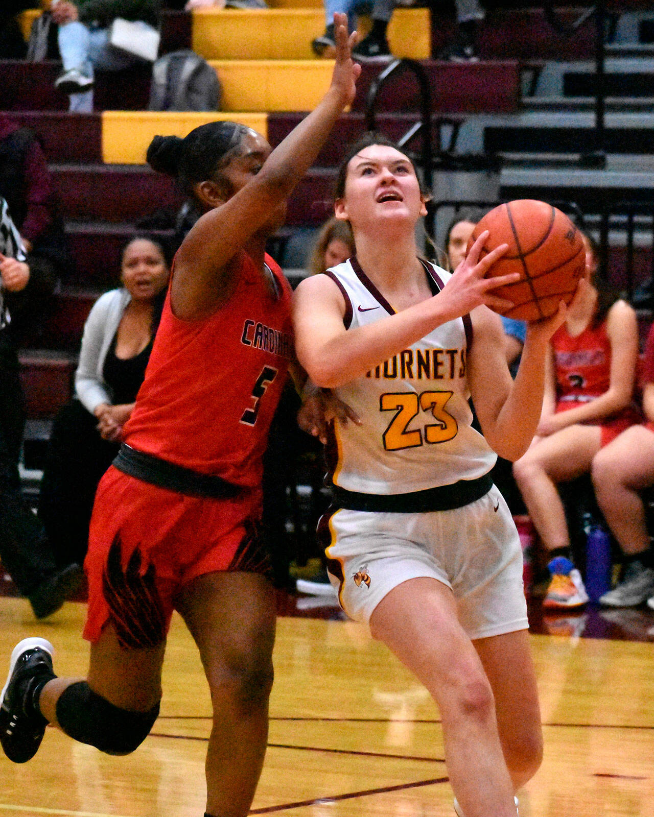 Ally Green (23) gets fouled during a drive to the hoop. Photo by Kevin Hanson