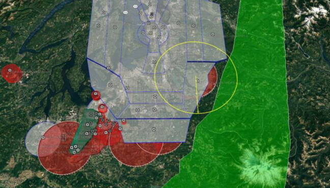 This image shared by WSDOT Senior Aviation Planner Rob Hodgman shows the challenges that come with trying to put a major airport in Southeast King County (circled in yellow). It intersects with the SeaTac airspace (showed in gray) and butts up against the Cascade Range, putting it an an awkward position to receive or send out flights.