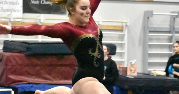 PHOTOS BY KEVIN HANSON
Competing for Enumclaw Friday night were Mylee Bonthuis on bars, Aislinn Binder on beam and Ashley Dickerson in the floor exercise.