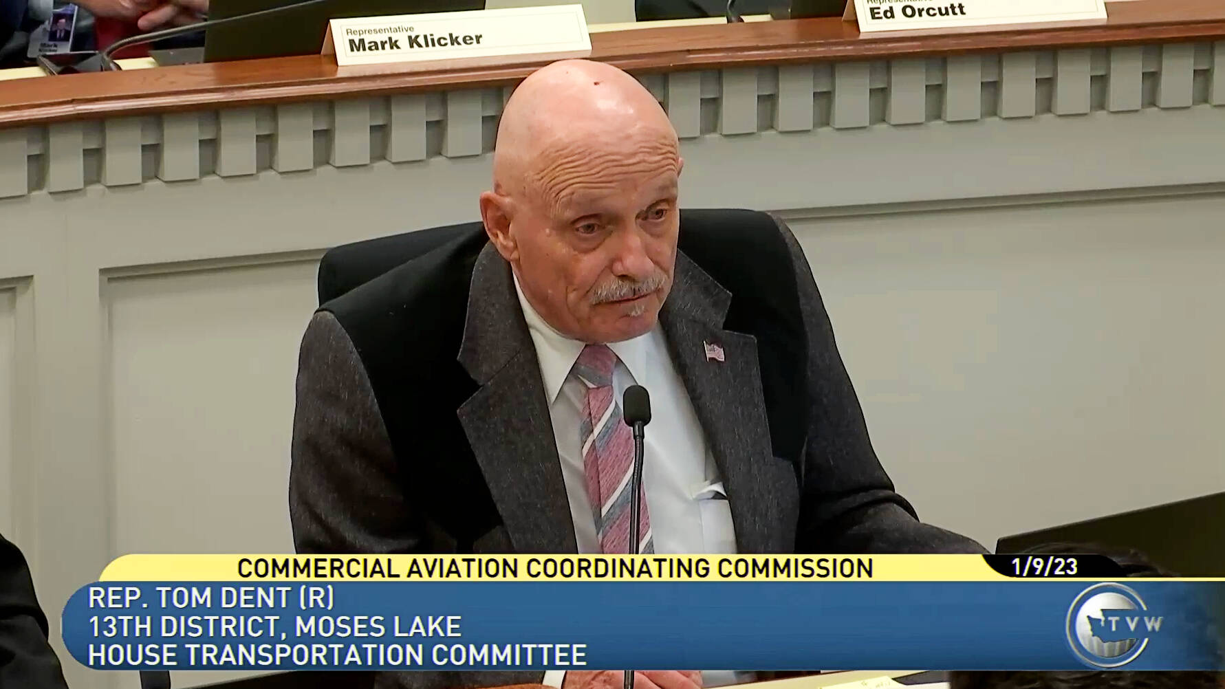 In this screenshot of a TVW recording, Washington State representative Tom Dent (R - Moses Lake) speaks during a conversation about the Commercial Aviation Coordinating Commission (CACC) during a Jan. 9 meeting of the House Transportation Committee.