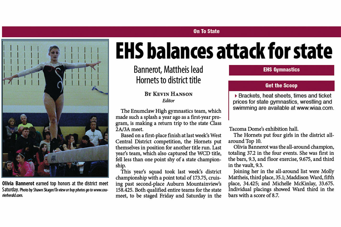 A clip from a Feb. 15, 2012 edition of the Courier-Herald announcing the Enumclaw Hornets making their way to the state competition. Pictured is Olivia Bannerot.