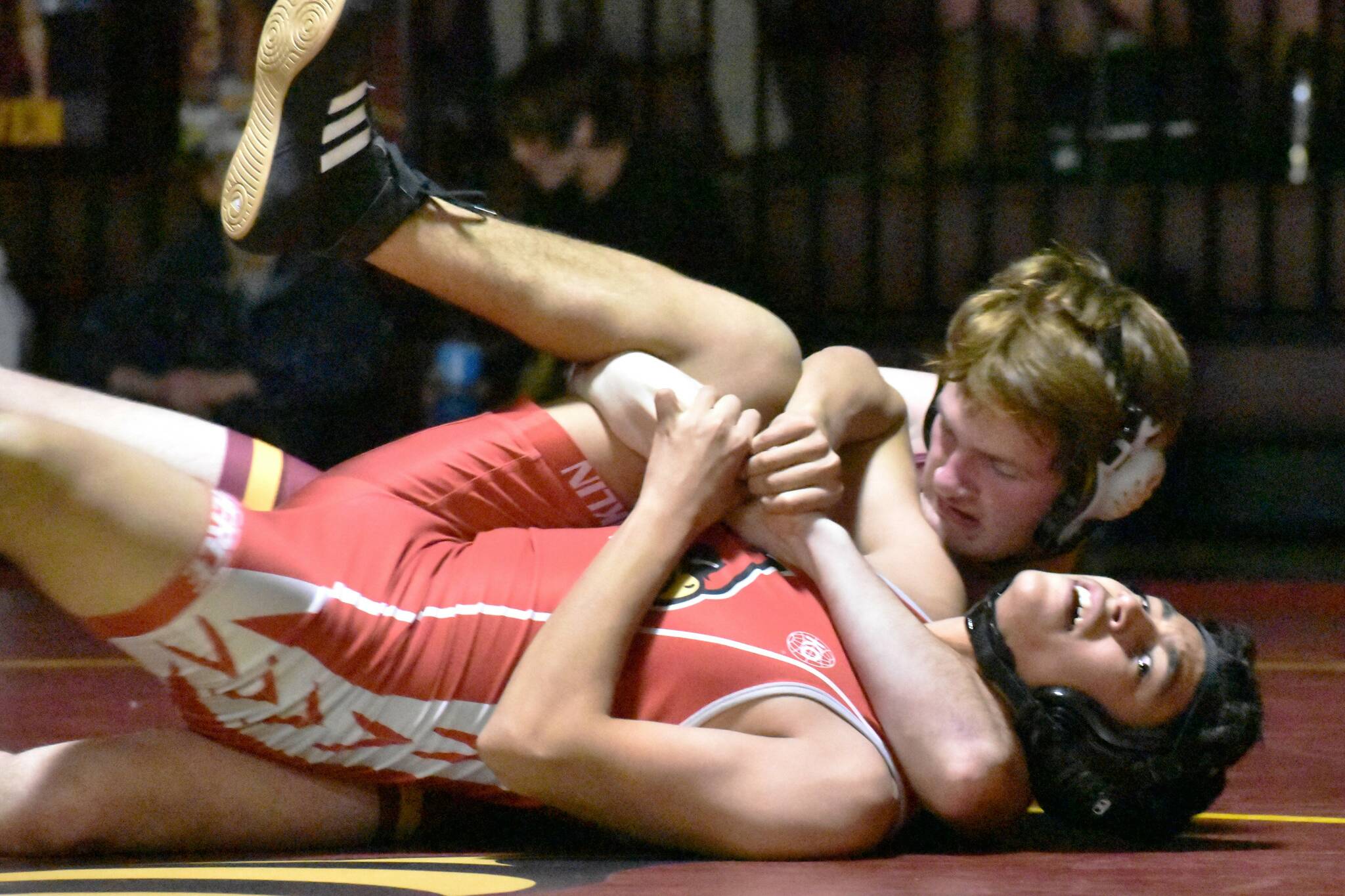 Pictured is Jacob Balliet preparing to pin his Franklin Pierce foe. Photo by Kevin Hanson