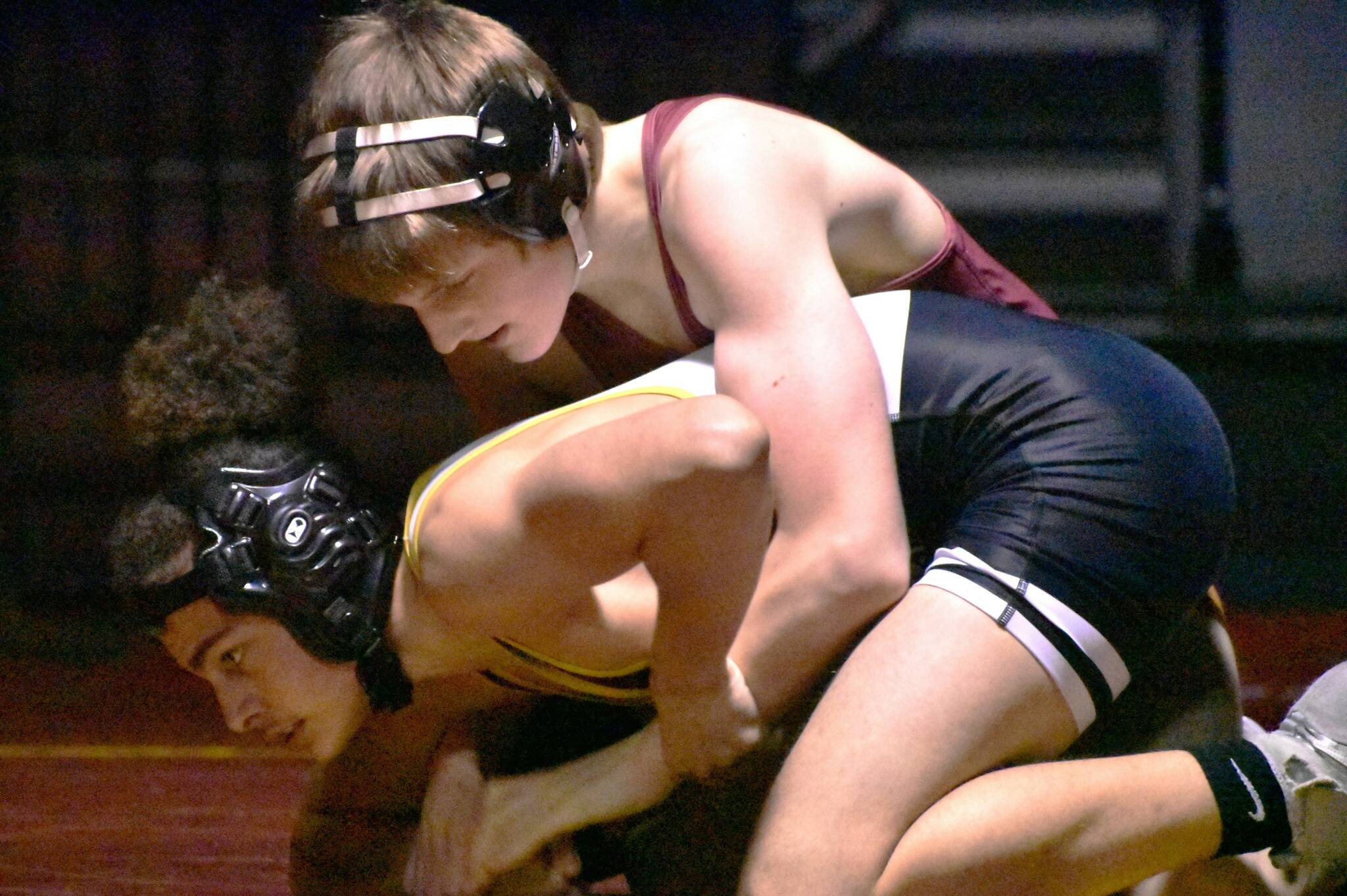 White River wrestlers hosted the Lincoln Abes in a nonleague showdown the evening of Jan. 25. The visitors from Tacoma fared well in some of the lower weights but the Hornets proved too tough, eventually winning 54-30. Pictured here are sophomore Caleb Dale. Photo by Kevin Hanson