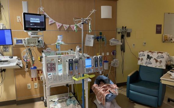 Photo courtesy Megan Muntean
Amara Muntean sleeping in her hospital room, where she has to stay for at least 30 days at a time for her chemo treatment.