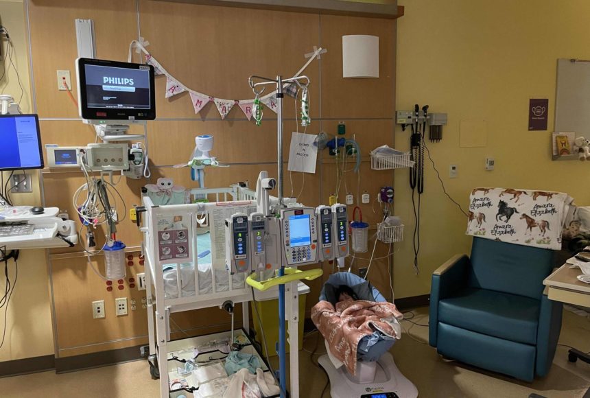 <p>Photo courtesy Megan Muntean</p>
                                <p>Amara Muntean sleeping in her hospital room, where she has to stay for at least 30 days at a time for her chemo treatment.</p>